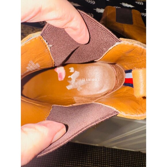 Tommy Hilfiger Women 9.5 Platform Camel Leather Wedge Chelsea Boots Brogue Boho - Picture 11 of 13